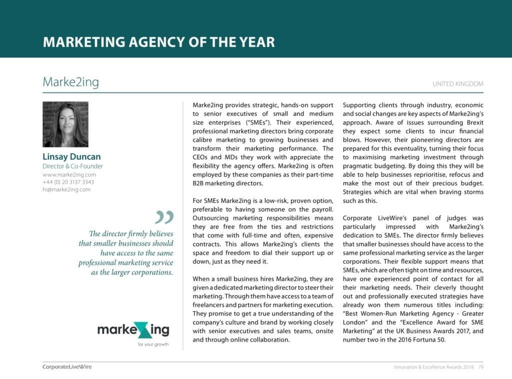 Marke2ing marketing agency of the year 2018